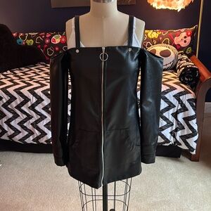 Woman’s black faux leather off the shoulder mini  dress size petite medium. NWOT